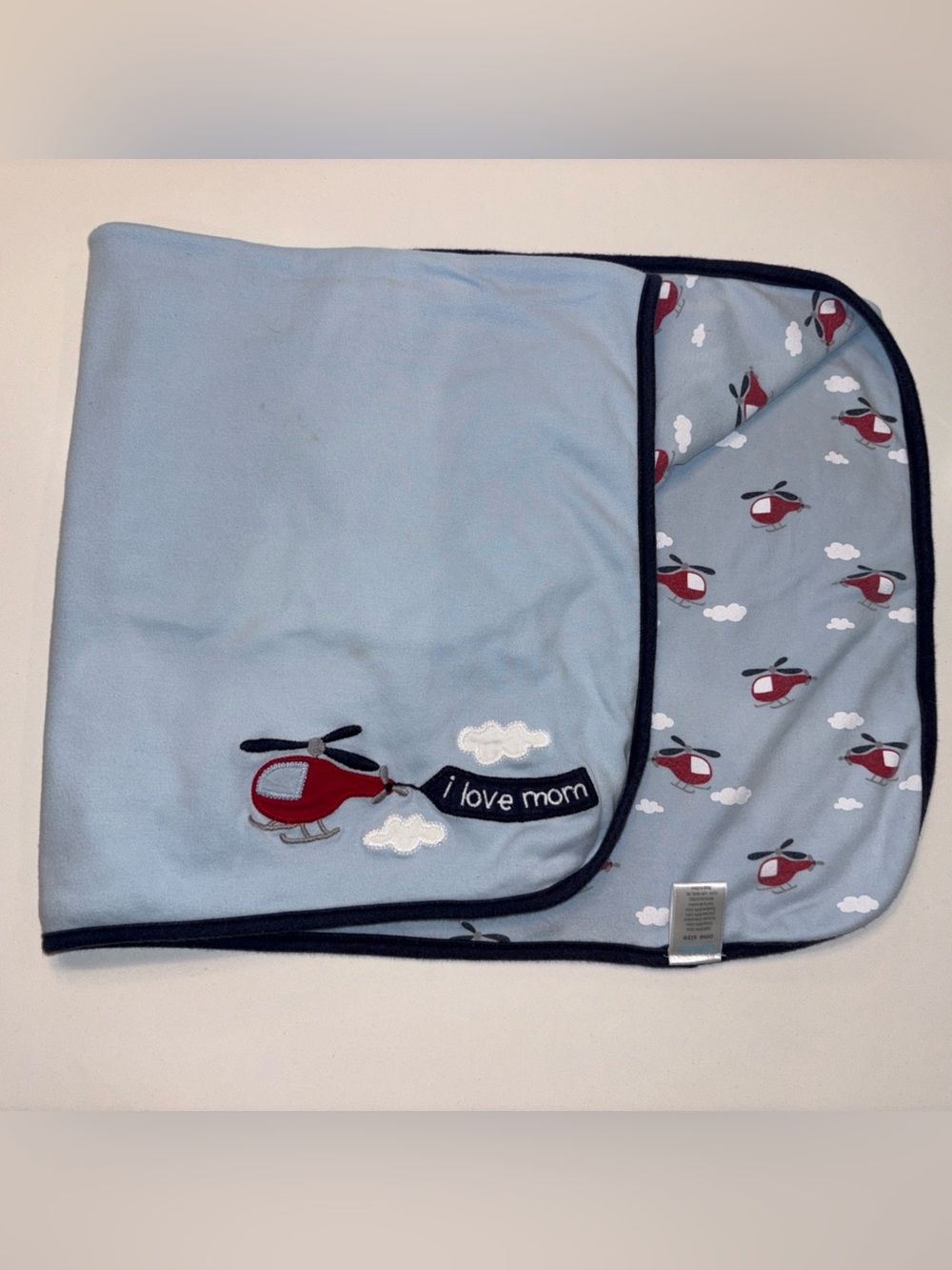 Gymboree I LOVE MOM Helicopter Cotton Baby Blanket Blue Red White Cloud Vintage